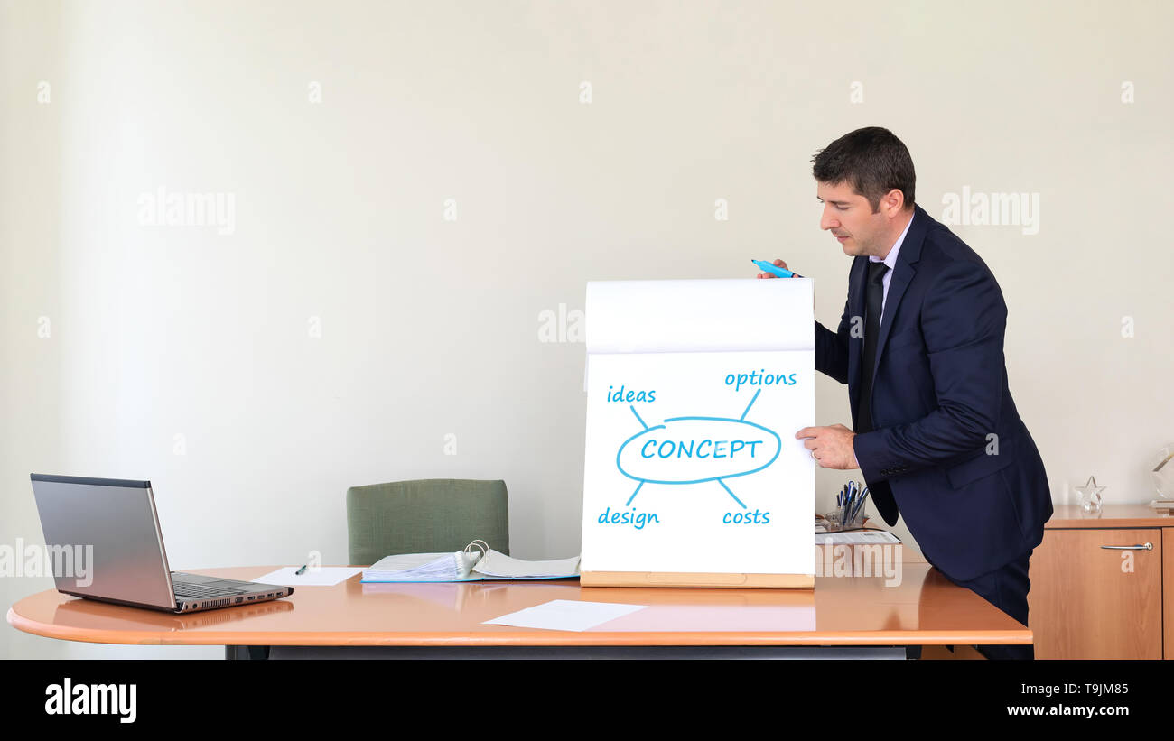 Business Mann in Anzug Planung neues Konzept Idee im Büro - erfolgreiche Männer mittleren Alters manager schreiben Strategie plan auf dem Whiteboard zu teilen Stockfoto