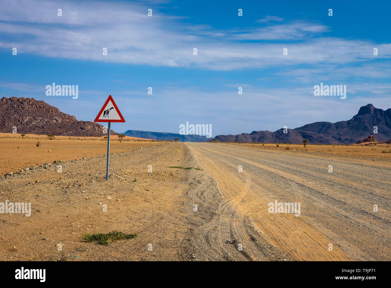 Giraffen Kreuzung Warnung Schild in der Wüste von Namibia platziert Stockfoto