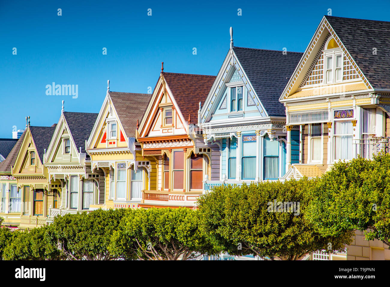 Klassische Postkarte Ansicht des berühmten gemalten Damen, eine Reihe von bunten Viktorianischen Häusern, in der Nähe von malerischen Alamo Square entfernt, an einem sonnigen Tag mit Blu Stockfoto Klassische Postkarte Ansicht des berühmten gemalten Damen, eine Reihe von bunten Viktorianischen Häusern, in der Nähe von malerischen Alamo Square entfernt, an einem sonnigen Tag mit Blu Stockfoto
