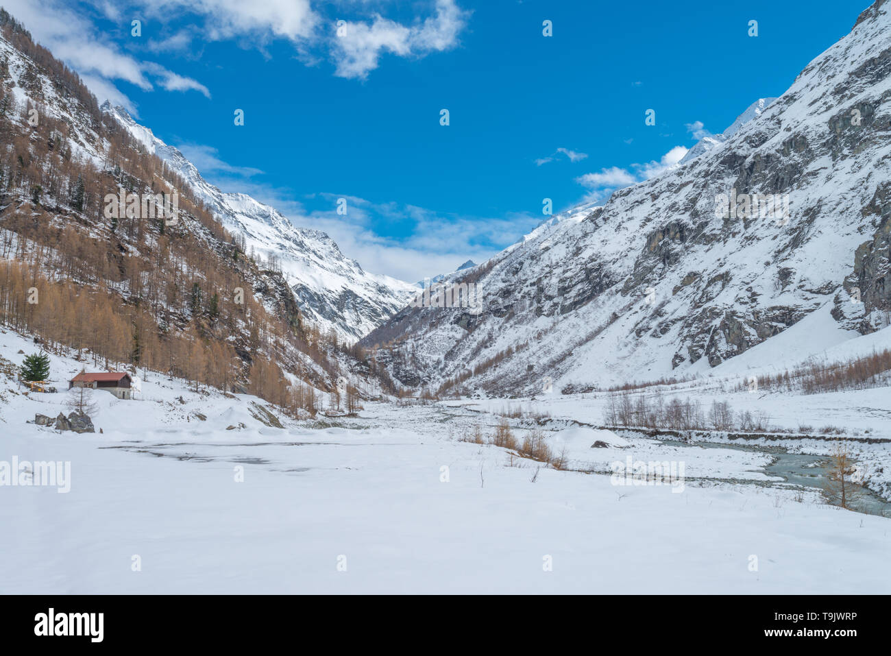 Winter Tal, bedeckt mit frischen Schnee. Schneebedeckte Berge, Berghütte in der Schweiz Wallis. Stockfoto