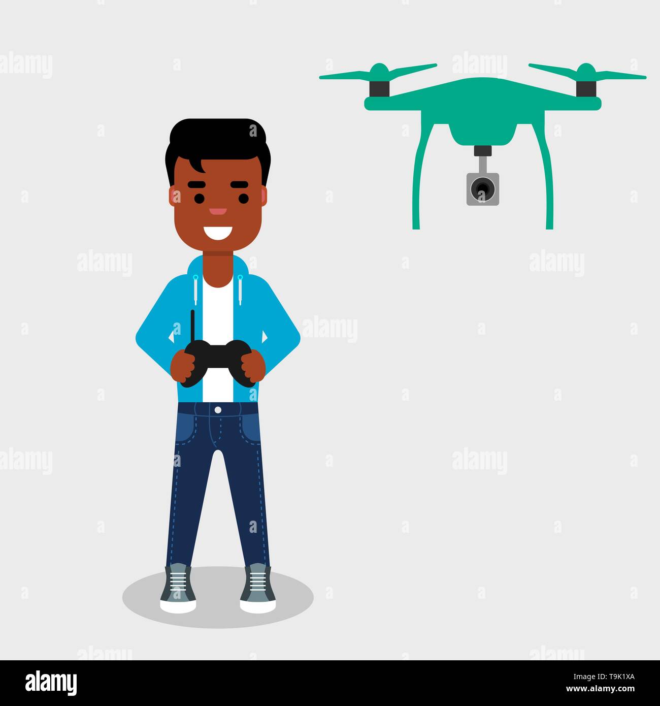 Junge afrikanische amerikanische Mann flying Drone mit Fernbedienung. Lächelnd Charakter steuert Luftbild Drohne mit einer Kamera. Betrieb einer Drohne zu Fotos Stock Vektor