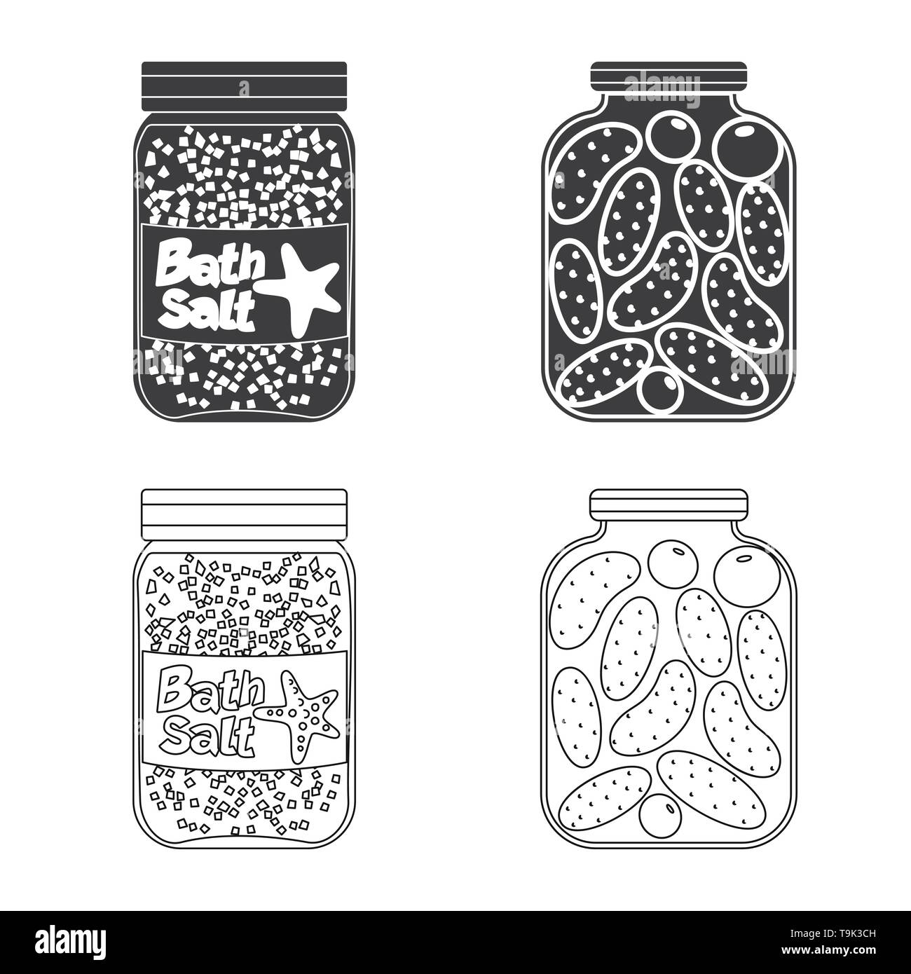 Flasche, Bank, salzig, Gurken, Badewanne, Wellness, Vintage, Streuen, sauber, Pulver, Container, weiss, сafe, Mehl, Snack, Glas, Kochen, Meer, Natur, Backen, Salz, Nahrungsmittel-, Natrium-, Mineral, Raw, Küche, Set, Vector, Icon, Illustration, isoliert, Sammlung, Design, Element, Grafik, Zeichen, Vektor, Vektoren, Stock Vektor