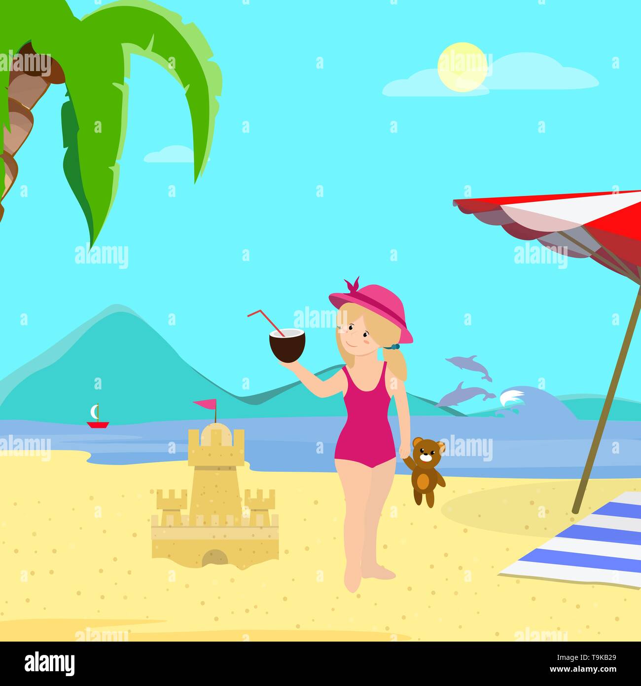 Nett lächelnden Mädchen mit blondem Haar zu tragen hat und Strand Kleidung Holding Kokosnuss in der Hand auf das Meer Küste Hintergrund mit Palm und Delphine. Summe Stock Vektor