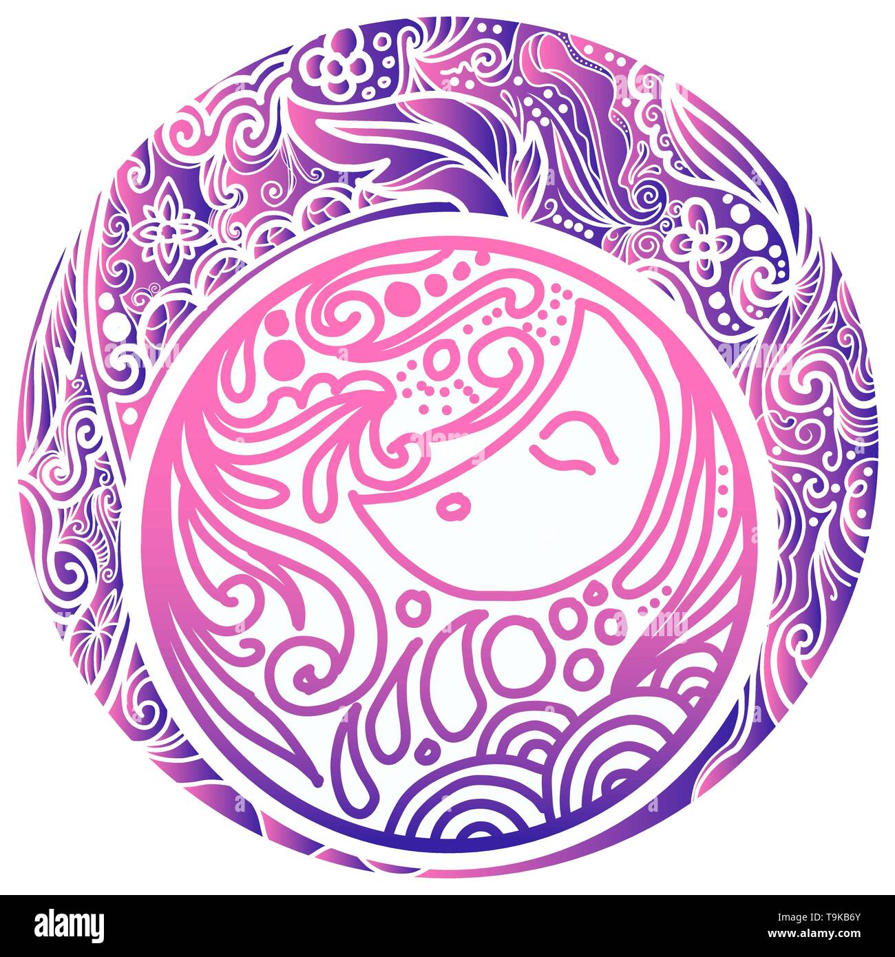 Zeichnung vintage Abzeichen über Nacht und Traum, Löschen und Linien mit violettem Farbverlauf Stock Vektor