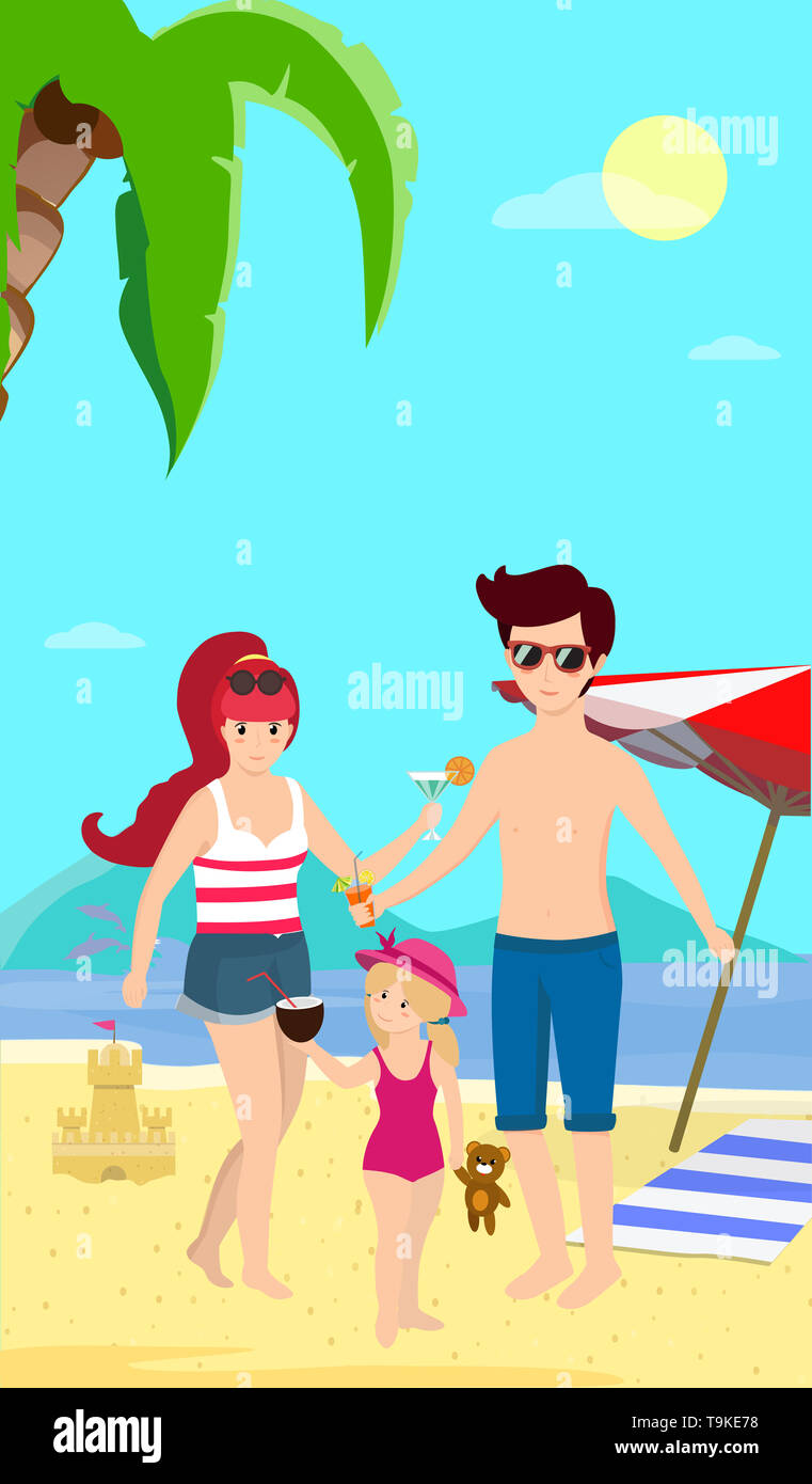 Glückliche Familie am Strand. Lächelnd Eltern mit Kind auf Sand Cocktails am Meer Hintergrund abheben mit Delfinen, Palmen, Sonnenschirm und Sand Castle. Stockfoto