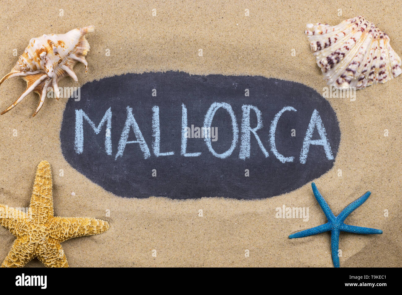 Handschriftliche Wort MALLORCA mit Kreide geschrieben, unter Muscheln und Seesterne. Ansicht von oben Stockfoto
