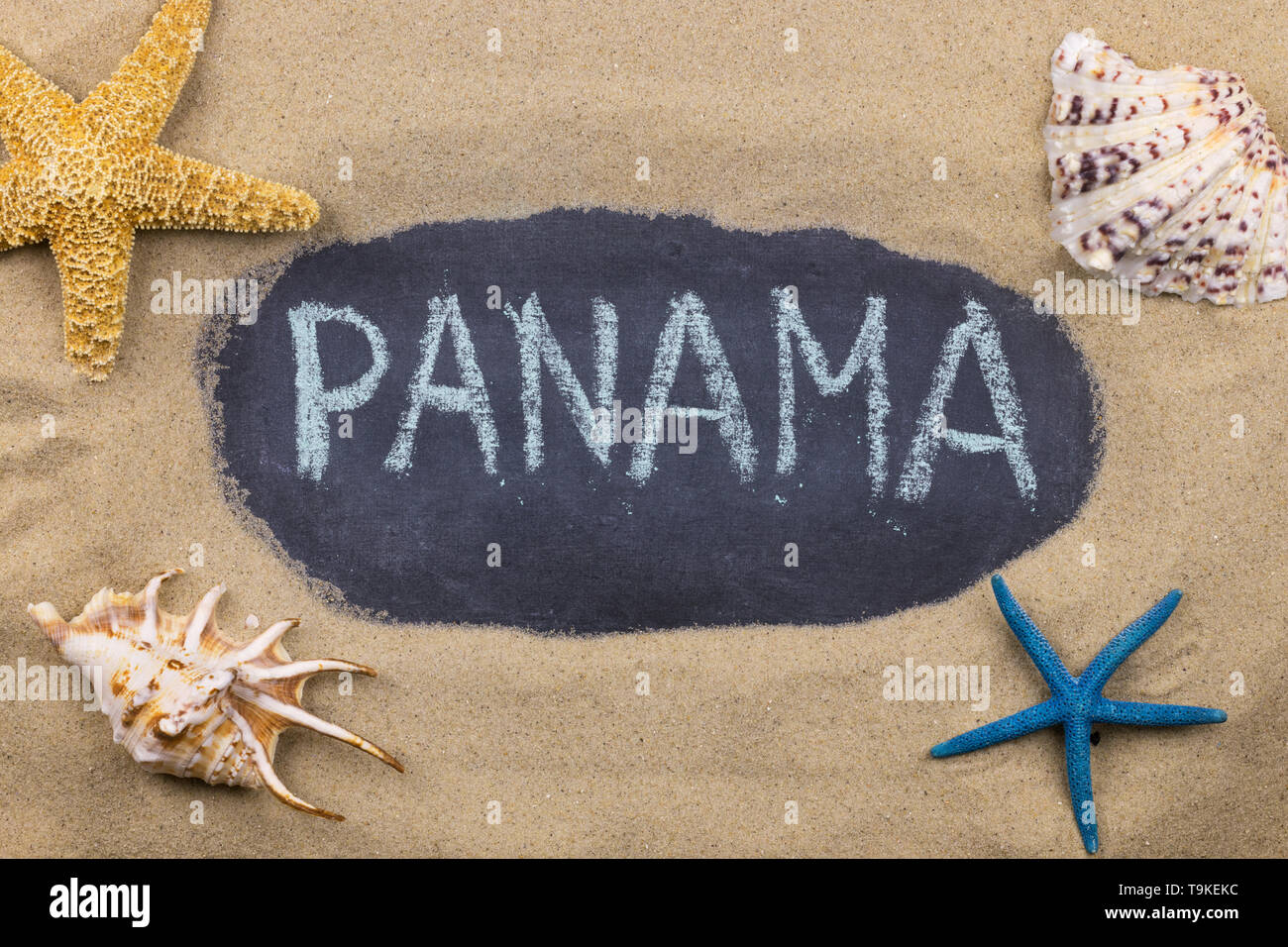 Handschriftliche Wort PANAMA mit Kreide geschrieben, unter Muscheln und Seesterne. Ansicht von oben Stockfoto