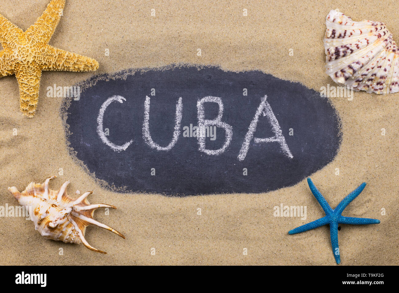 Handschriftliche Wort Kuba mit Kreide geschrieben, unter Muscheln und Seesterne. Ansicht von oben Stockfoto