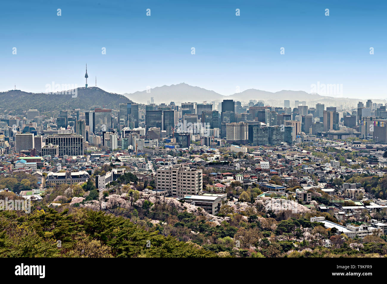 Hoch oben Blick auf die Gebäude und Turm in Seoul, Südkorea Stockfoto