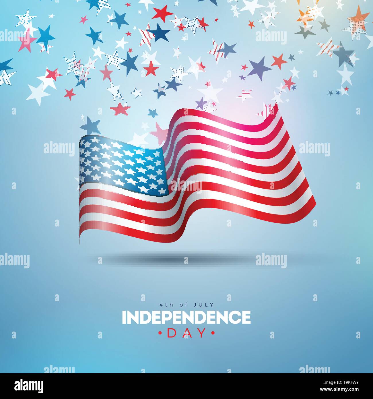 4. Juli, Tag der Unabhängigkeit von den USA Vector Illustration. Am 4. Juli die amerikanische nationale Feier Design mit Flagge und Sterne auf Blau und Weiß Stock Vektor