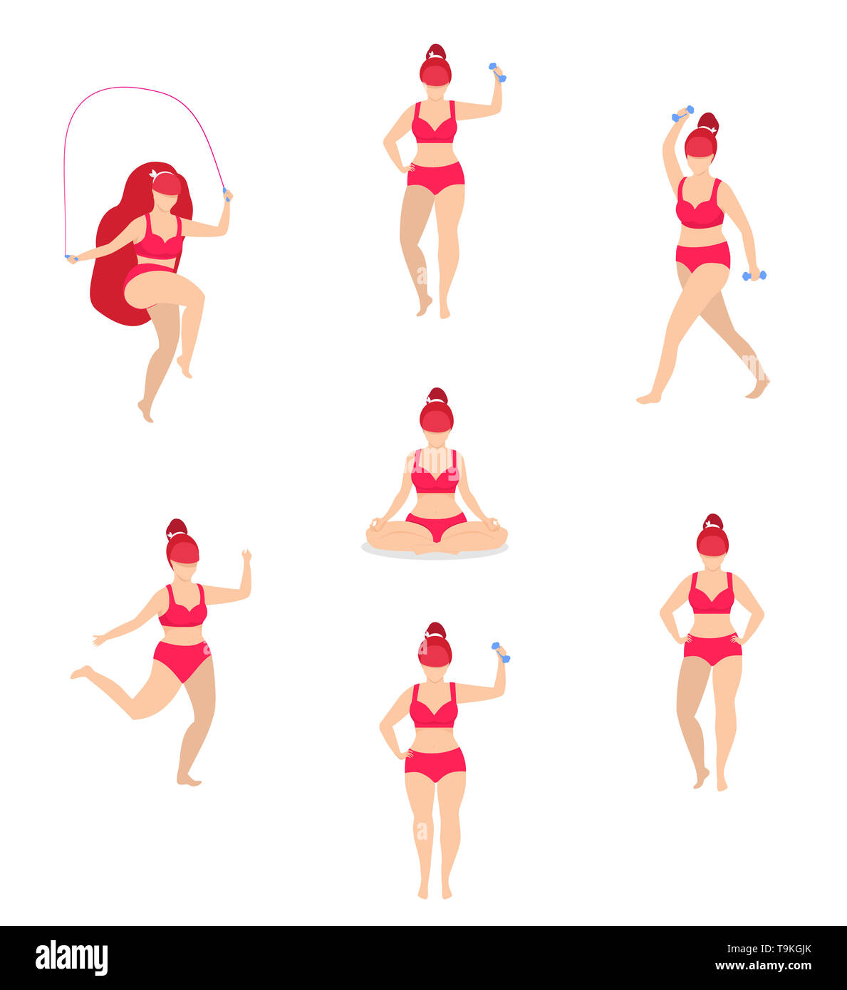 Frau Sport Aktivitäten gesetzt. Mädchen tun, Sport, Yoga, Jogging, Springen mit Seil, Fitness, Hantel Workout, in unterschiedlichen Posen. Cartoon Flach Stockfoto