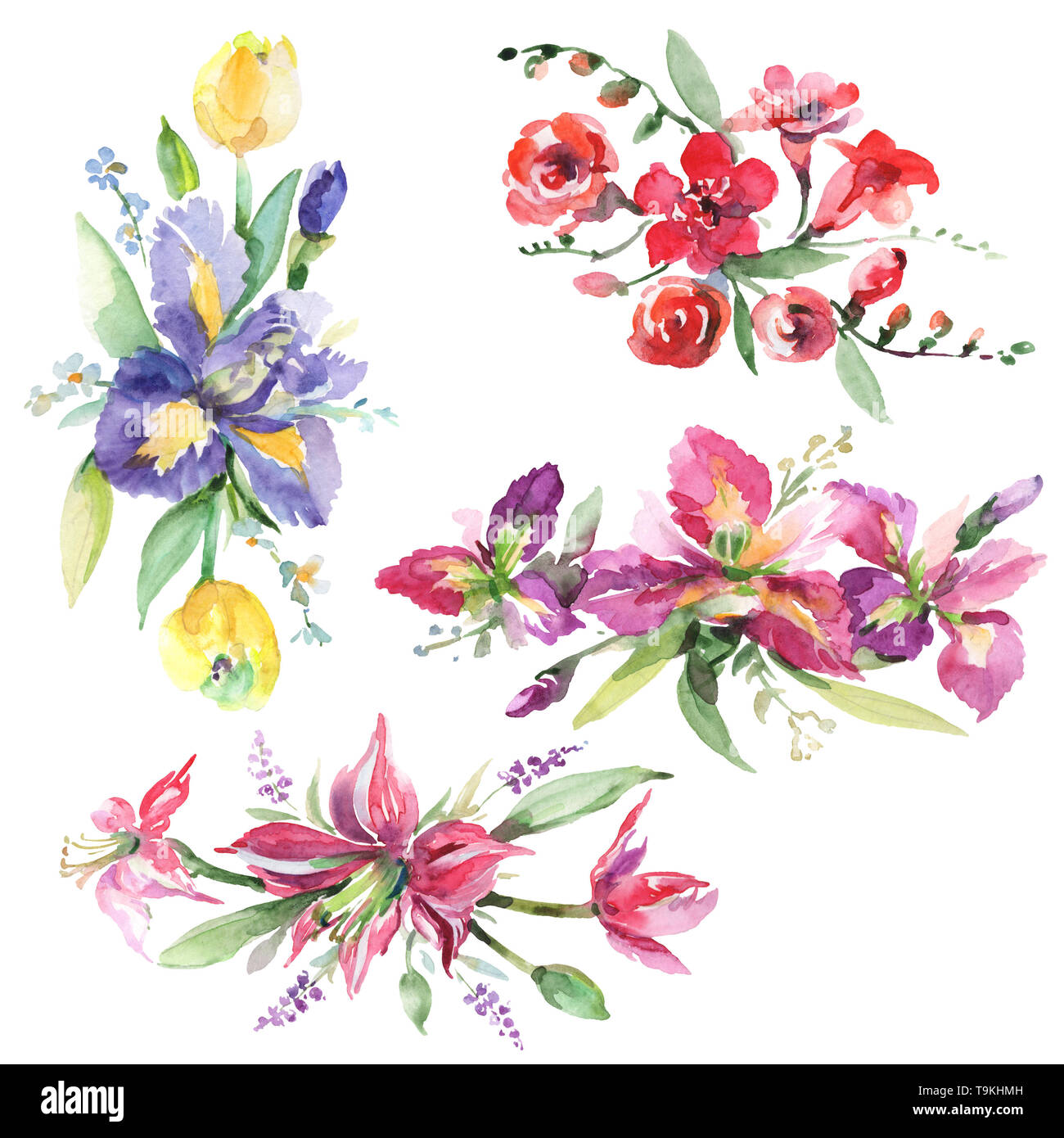 Blumenstrauß mit Iris Blumen botanischen Blumen. Aquarell Hintergrund gesetzt. Isolierte Blumensträuße Abbildung Element. Stockfoto