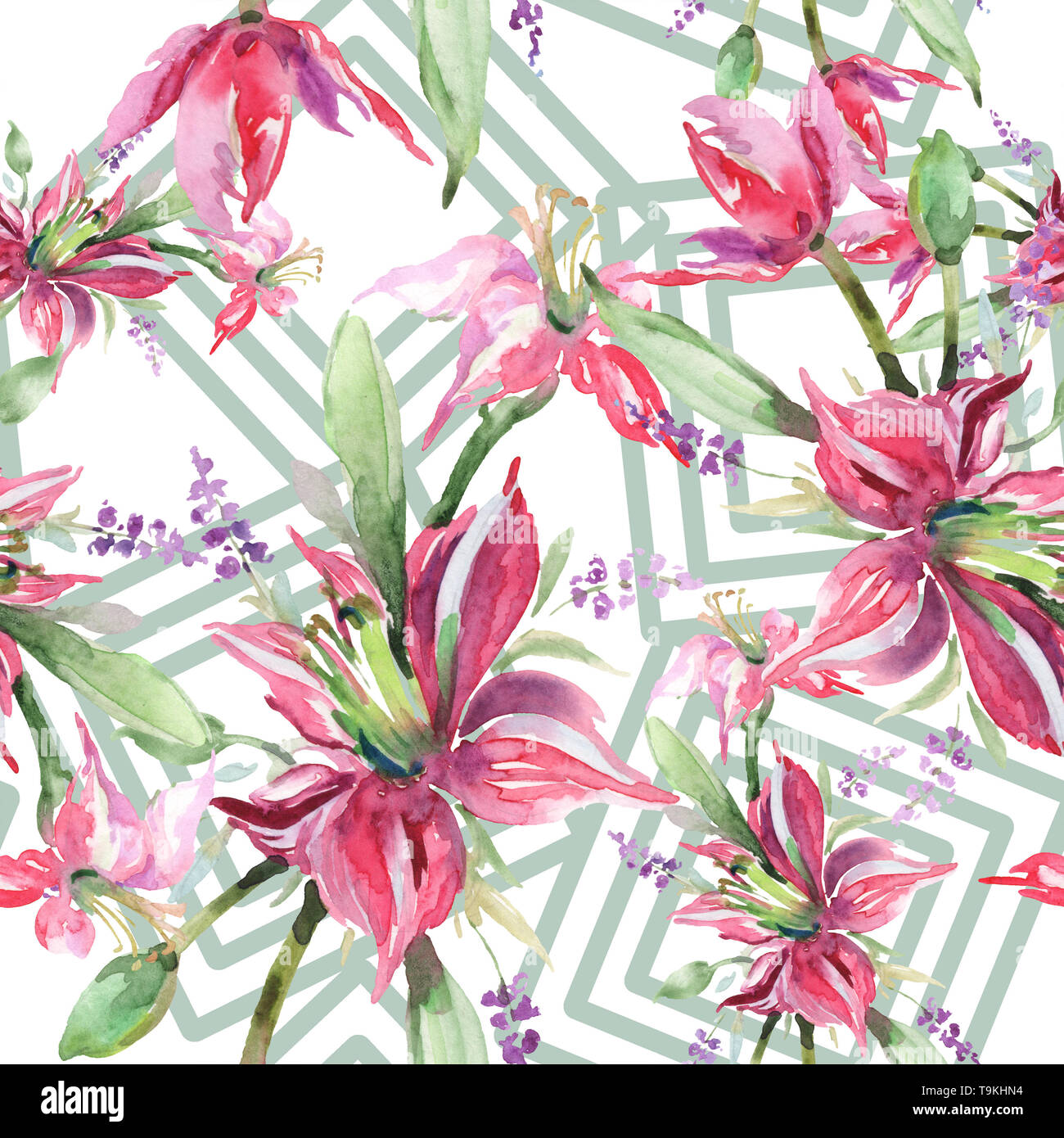 Blumenstrauß mit Iris Blumen botanischen Blumen. Aquarell Hintergrund Abbildung. Nahtlose Muster. Stockfoto