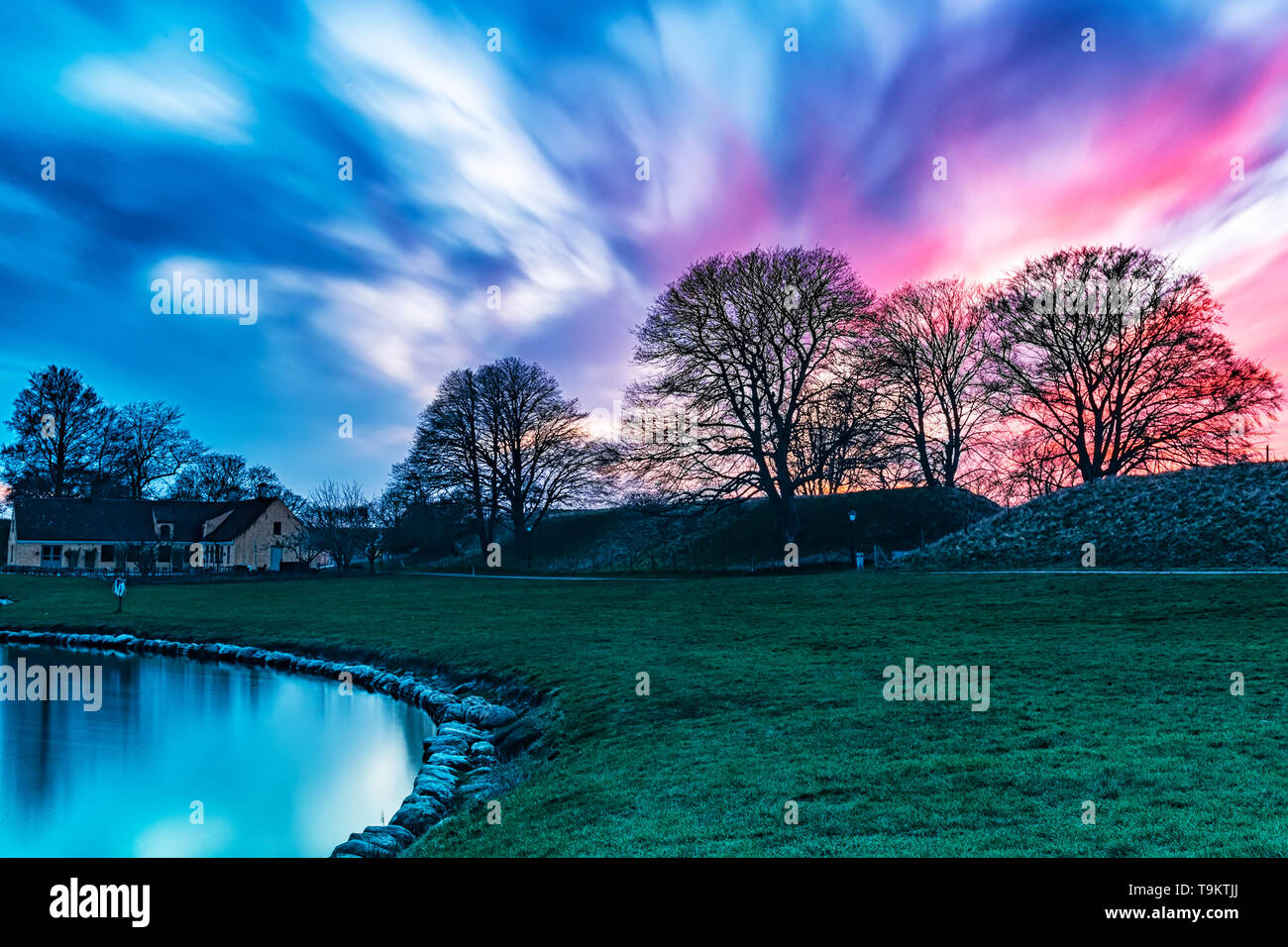 Bäume Silhouette gegen einen herrlichen Sonnenuntergang Hintergrund. Stockfoto