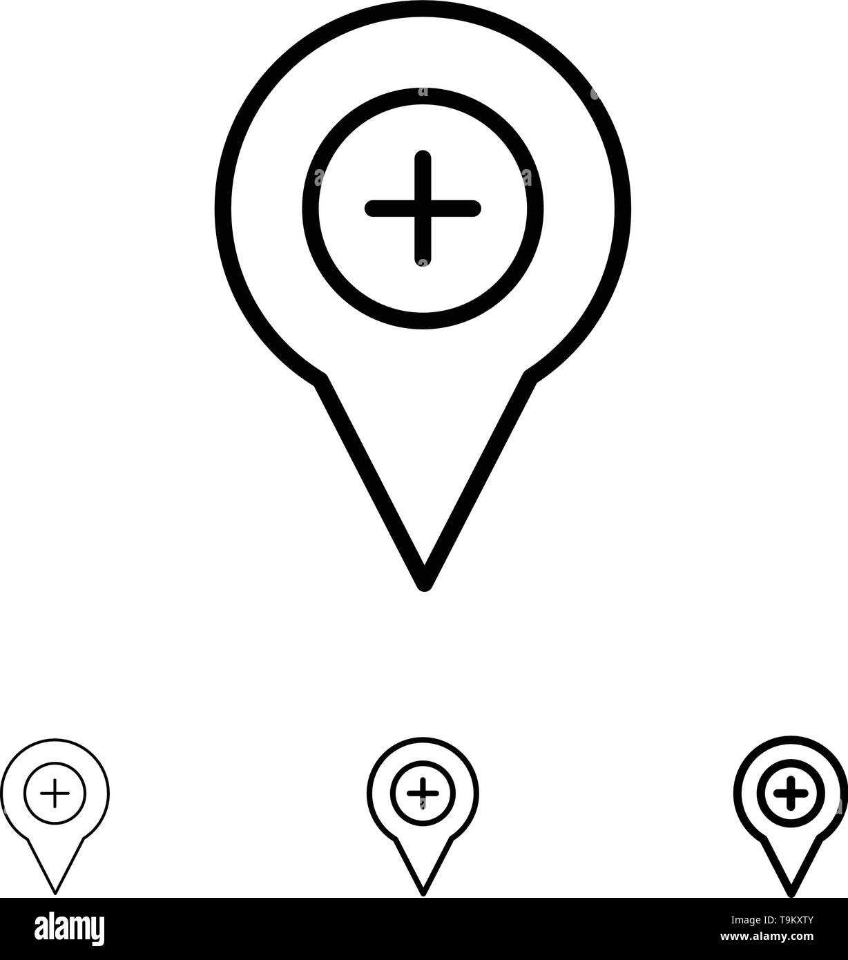 Lage, Karte, Navigation, Pin, Plus Fett und dünne schwarze Linie Icon Set Stock Vektor