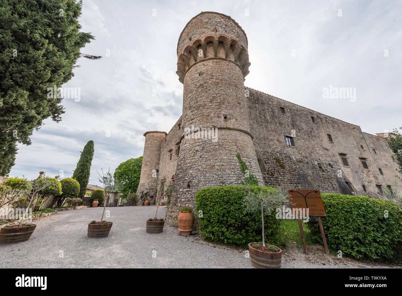 Turm von Castello di Meleto, Gaiole in Chianti, Toskana, Italien Stockfoto