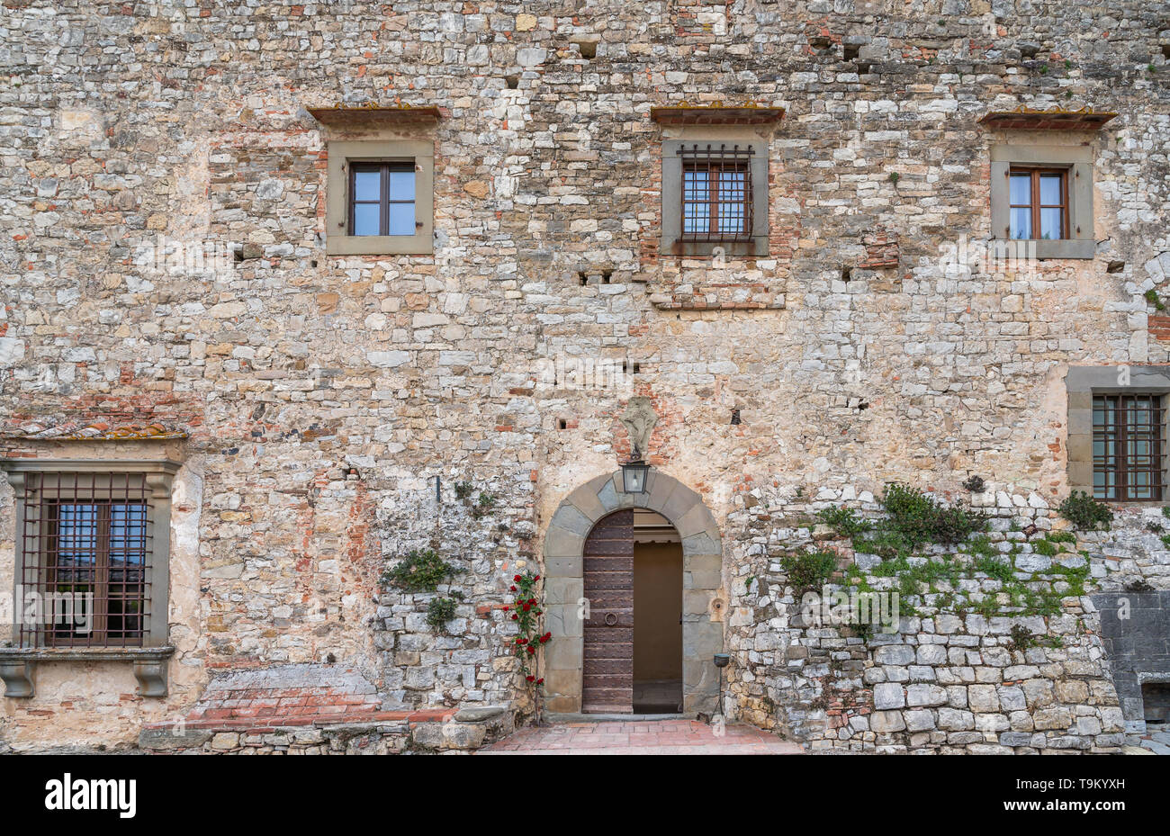 Die Außenseite des Castello di Meleto, Gaiole in Chianti, Toskana, Italien Stockfoto