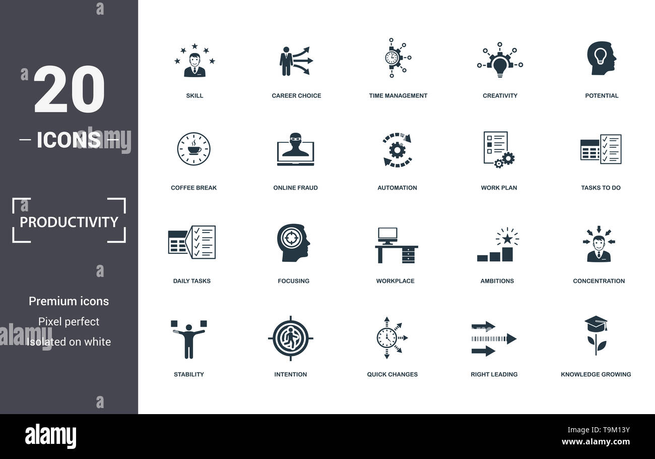 Produktivität Icons Set Sammlung. Enthält einfache Elemente wie Qualifikation, Berufswahl, Zeitmanagement, Kreativität, Potentiale, Fokussierung und Workpla Stockfoto