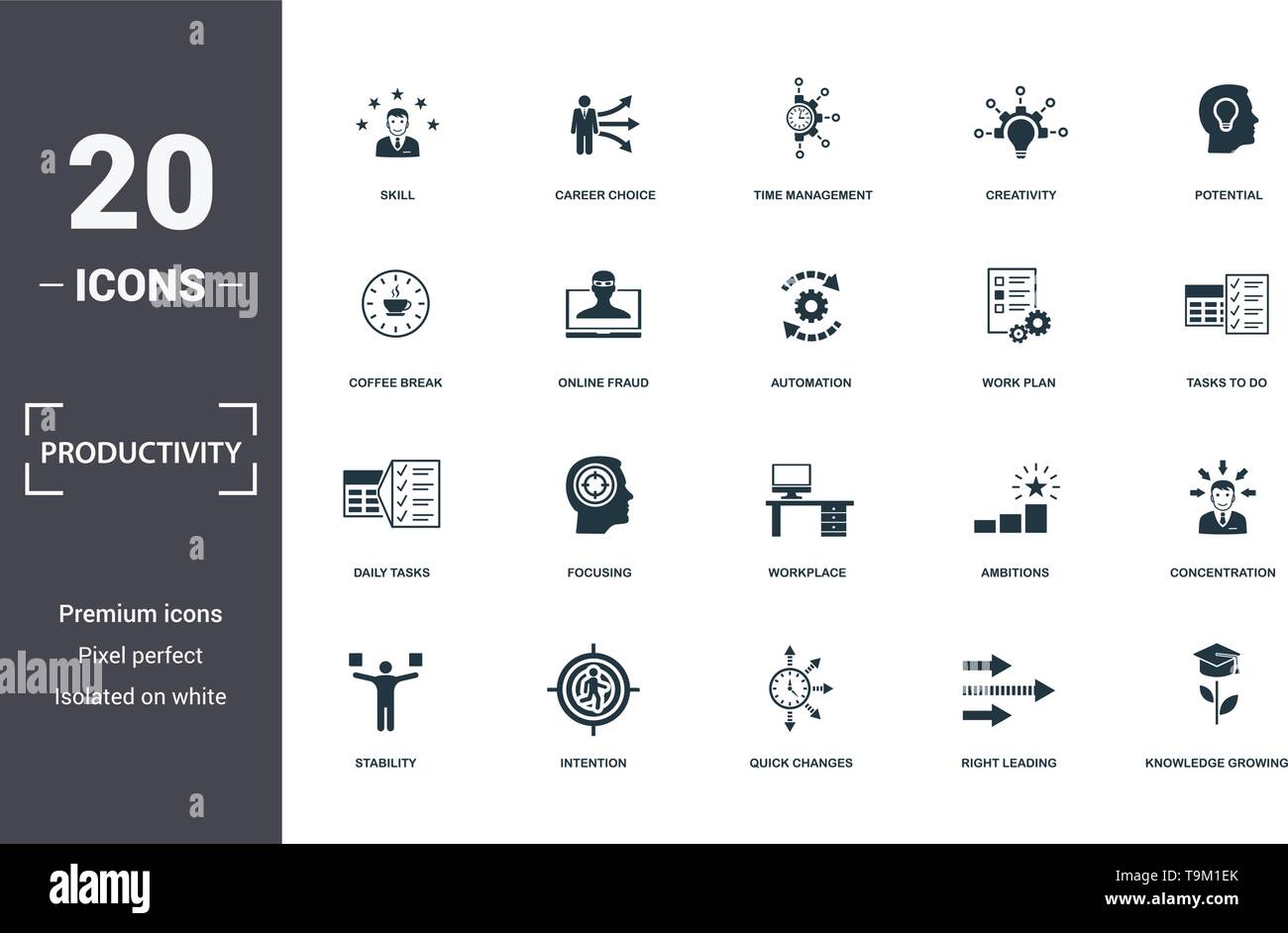 Produktivität Icons Set Sammlung. Enthält einfache Elemente wie Qualifikation, Berufswahl, Zeitmanagement, Kreativität, Potentiale, Fokussierung und Workpla Stock Vektor