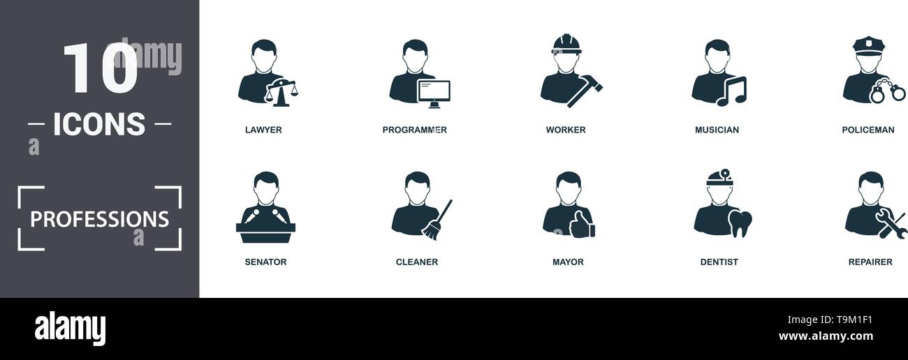 Berufe Icons Set Sammlung. Enthält einfache Elemente wie Banker, Rechtsanwalt, Programmierer, Arbeiter, Musiker, Senator und Reiniger premium Symbole. Stock Vektor