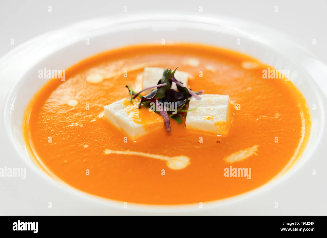 Gazpacho (kalte Sommer Suppe) in Porzellan Teller, Nahaufnahme Stockfoto