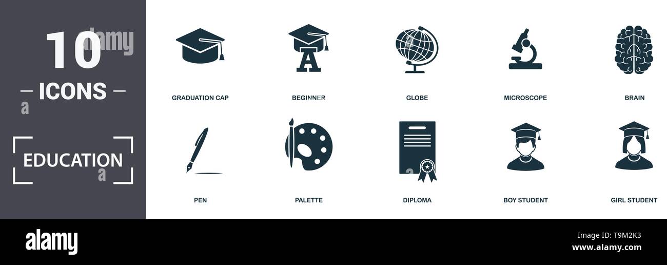 Bildung Icons Set Sammlung. Enthält einfache Elemente wie Atom, Pen, Palette, Diplom, Student Boy, Chat und Haus premium Symbole. Stock Vektor