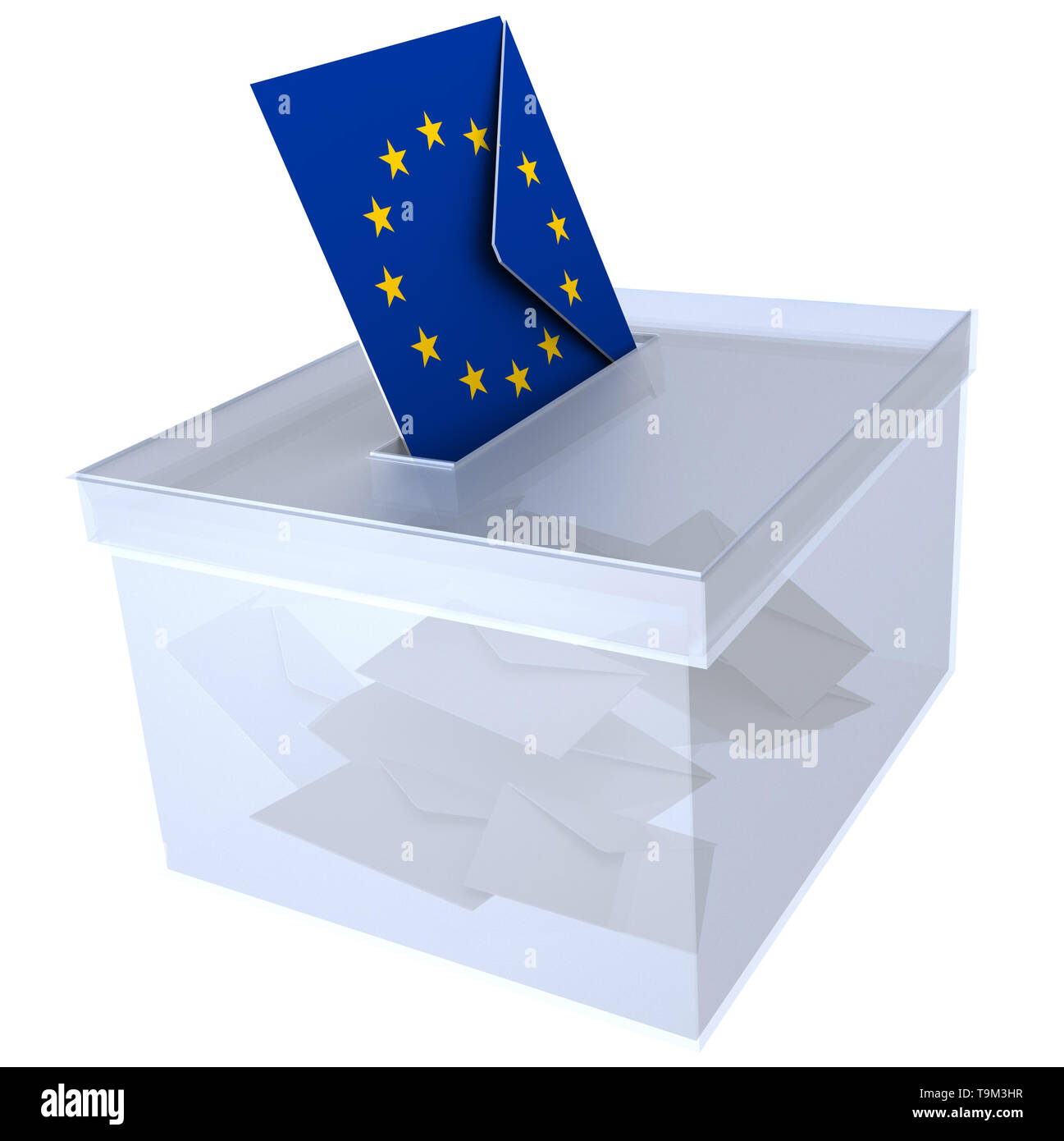 Wahlen in der Europäischen Union Stimmzettel und Kuvert mit der europäischen Flagge stimmen für EU-Parlament - 3D-Rendering Stockfoto