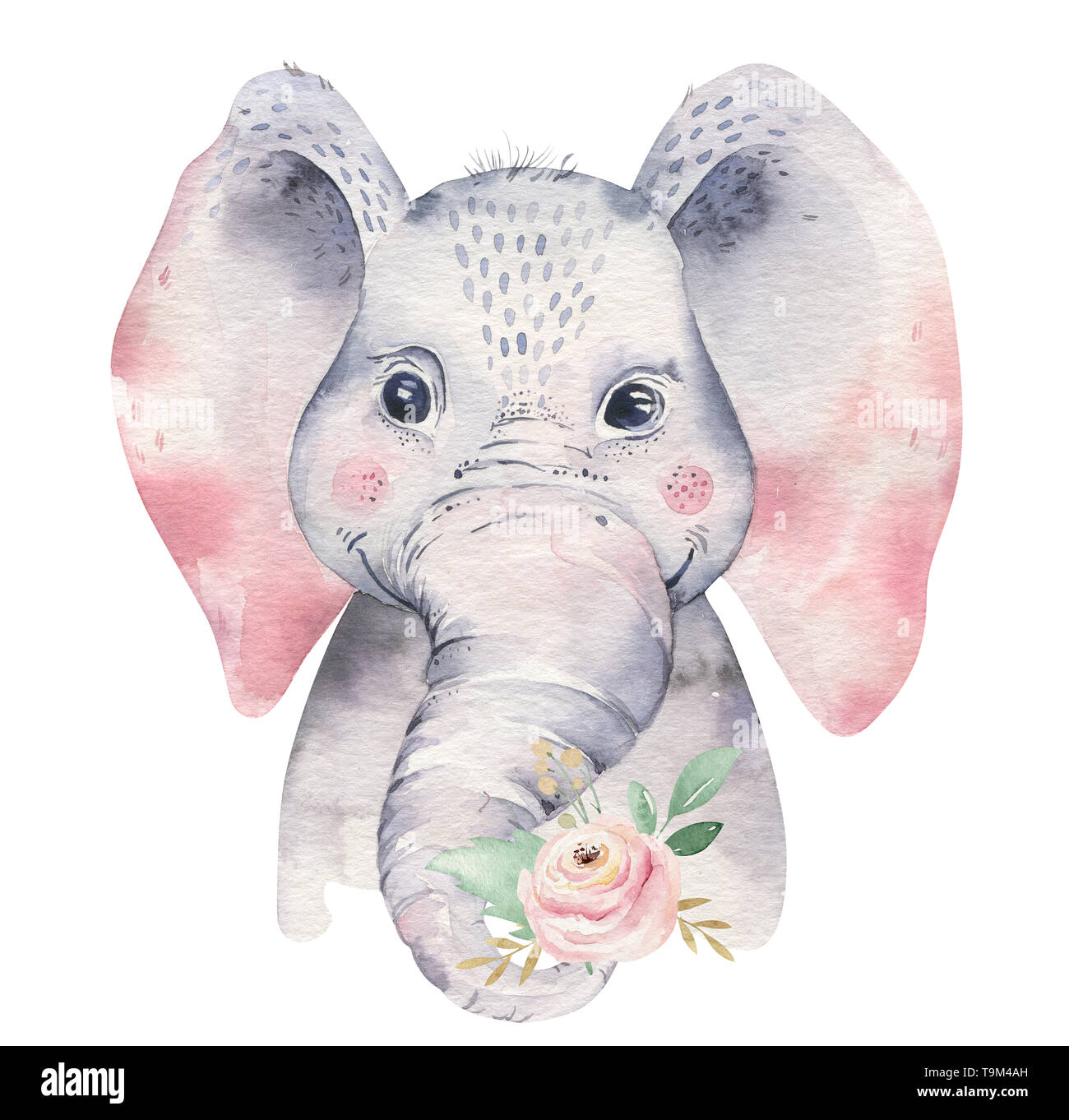 Ein Plakat mit einem Baby Elefant. Aquarell cartoon Elefant tropische Tier Abbildung. Dschungel exotisch Sommer drucken. Stockfoto