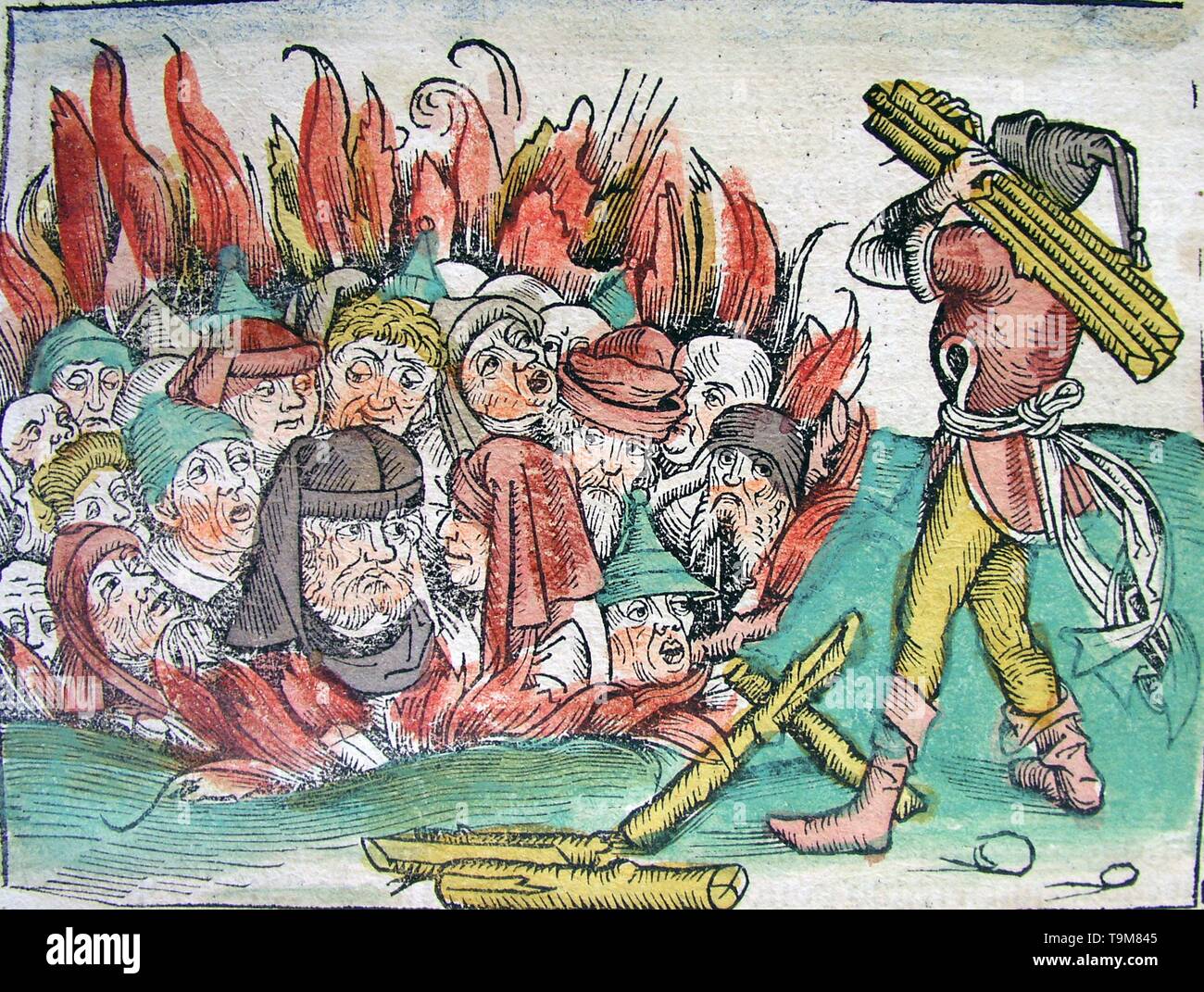 Verbrennung der Juden in Deggendorf im Jahre 1338 (aus der Schedel Chronik der Welt). Museum: private Sammlung. Autor: Michael Wolgemut. Stockfoto