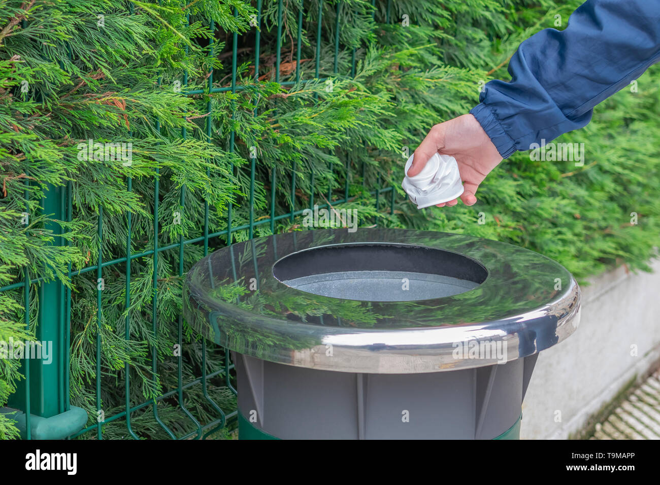 Ein jugendlicher Freiwilliger in einer blauen Jacke windbreaker wirft Kunststoff Papierkorb in einem Container vor dem Hintergrund eines grünen Zaun von thuja gesammelt. Die Stockfoto