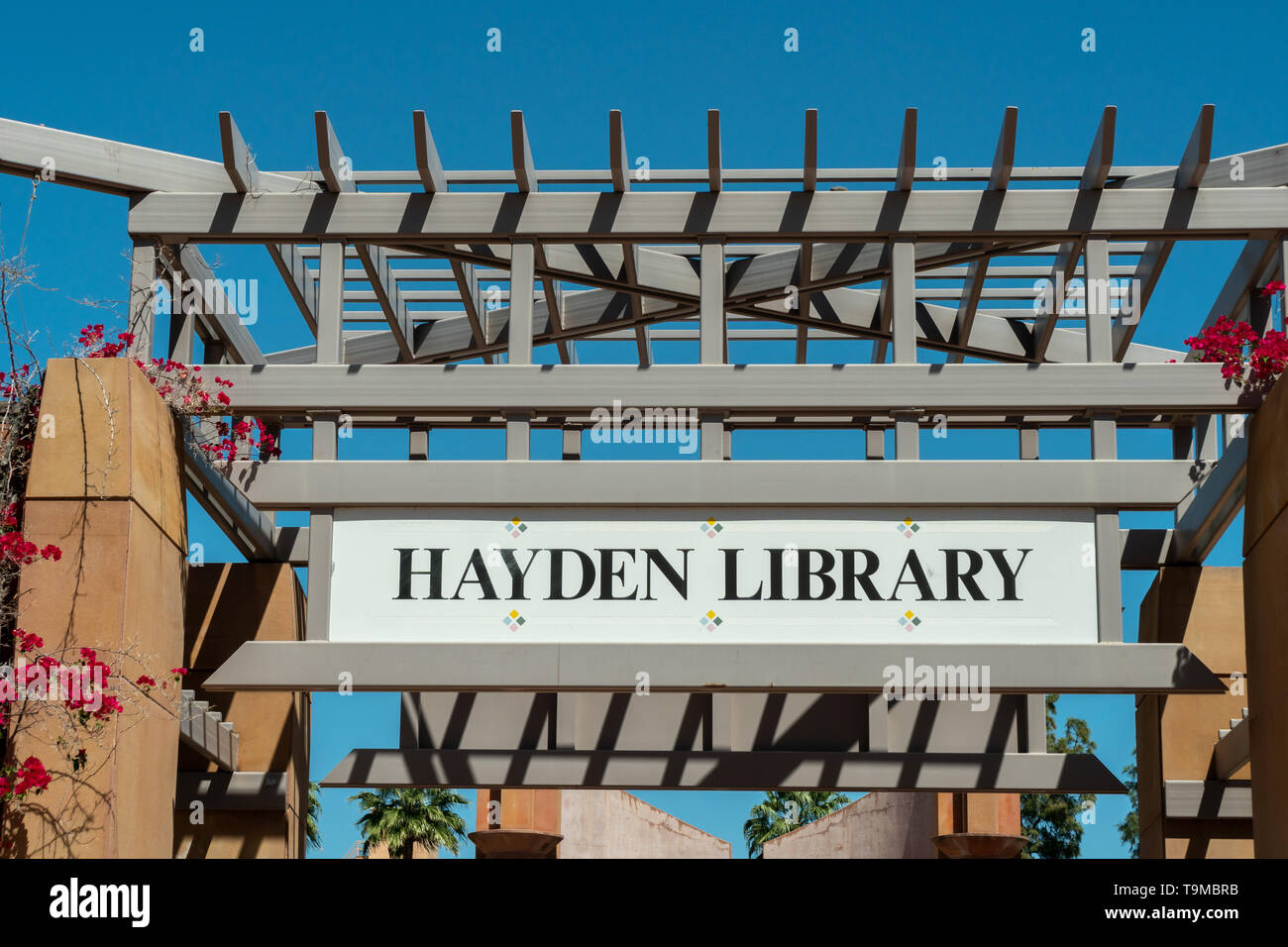 TEMPE, AZ/USA - April 10, 2019: Hayden Bibliothek und Garten Laub auf dem Campus der Arizona State University. Stockfoto