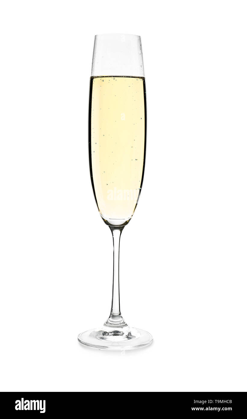 Glas Champagner auf weißem Hintergrund Stockfoto