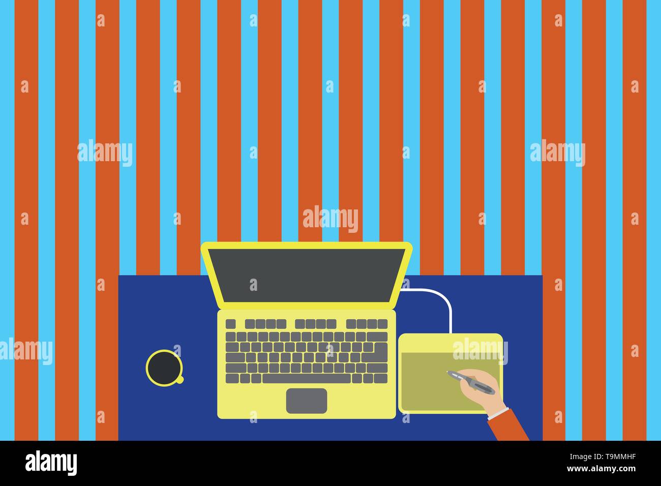 Obere Ansicht laptop hölzernen Schreibtisch Arbeiter Zeichentablett Kaffeetasse Büro. Design Business leere Raum Text für Anzeige Web site Förderung isolierte Banner Stock Vektor