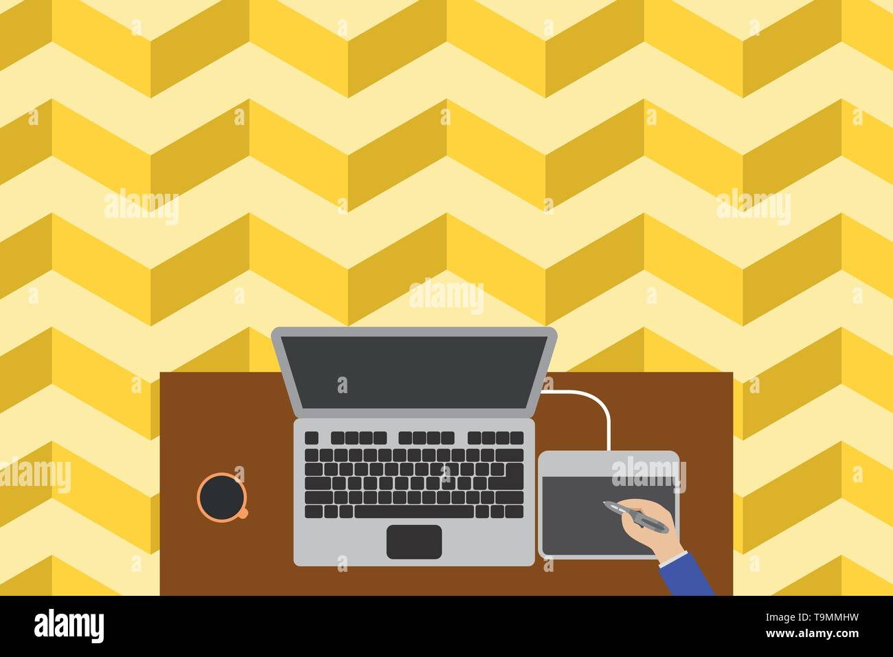 Obere Ansicht laptop hölzernen Schreibtisch Arbeiter Zeichentablett Kaffeetasse Büro. Design Business Konzept leere Vorlage kopieren Raum Text für Anzeige Web site isoliert Stock Vektor