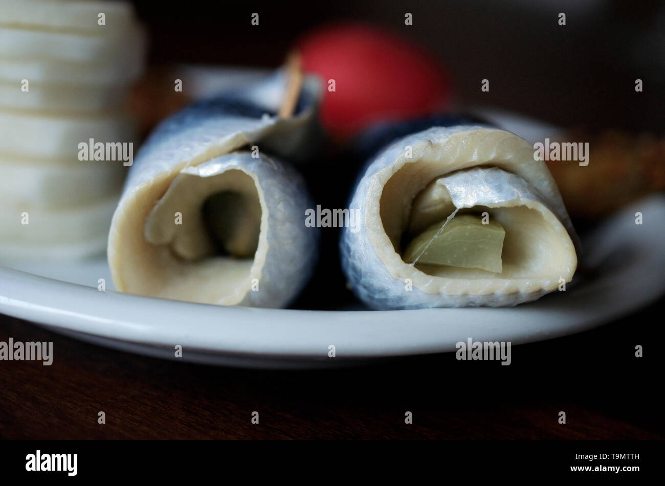Rollmops Fischplatte, gesundes Essen, Hering, Fisch, traditionelle Stockfoto