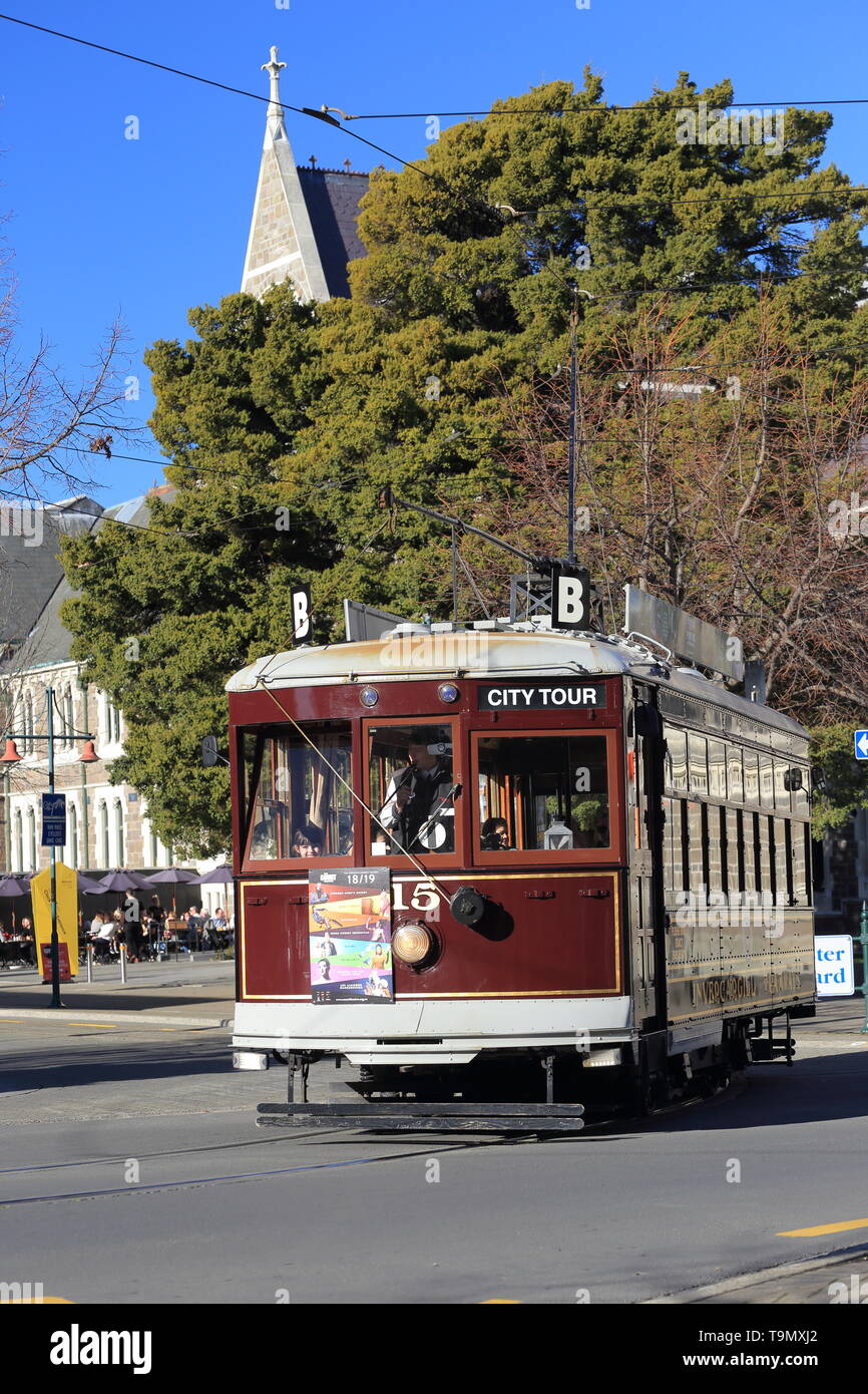 Straßenbahn in Rolleston Avenue, Christchurch, Neuseeland Stockfoto