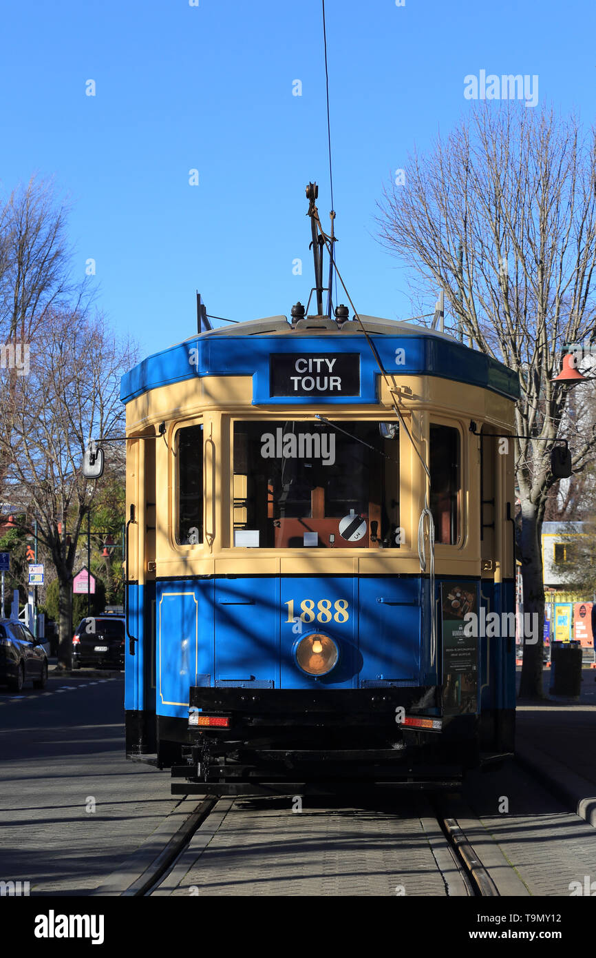 Straßenbahn auf Worcester Boulevard, Christchurch, Neuseeland Stockfoto