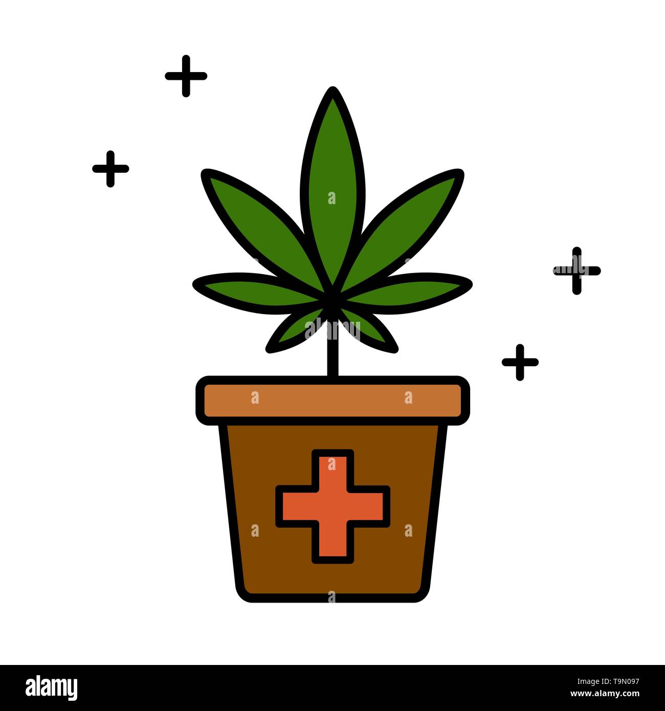 Cannabispflanze in einem Blumentopf. Medizinisches Marihuana. Isolierte Vector Illustration auf weißem Hintergrund. Stock Vektor