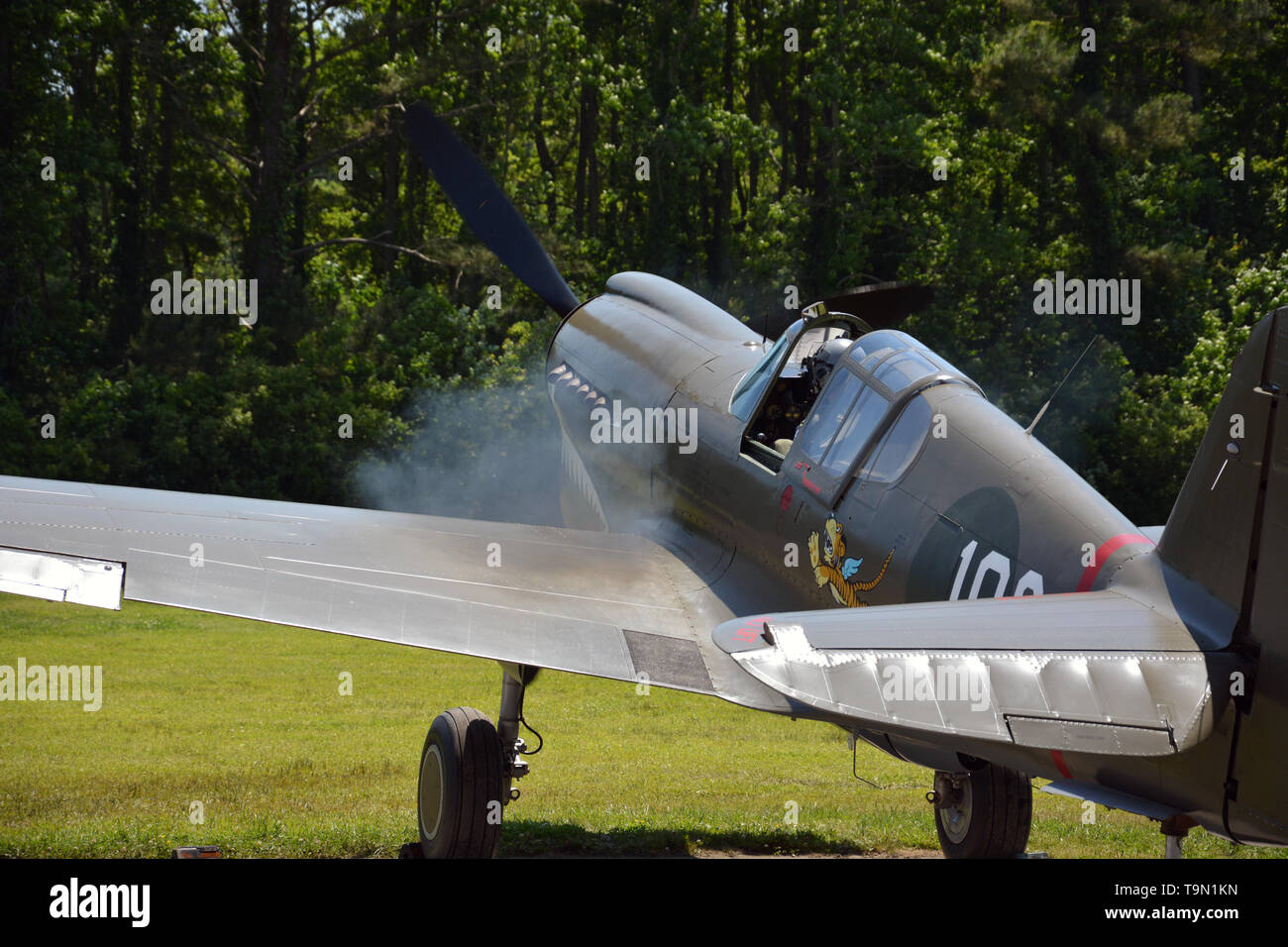 Rauch, die Schläge der Motor einer Curtiss P-40 Warhawk mit Flying Tiger insignia wie es bereitet für den Start in ein WWII air show in Virginia Beach VA Stockfoto
