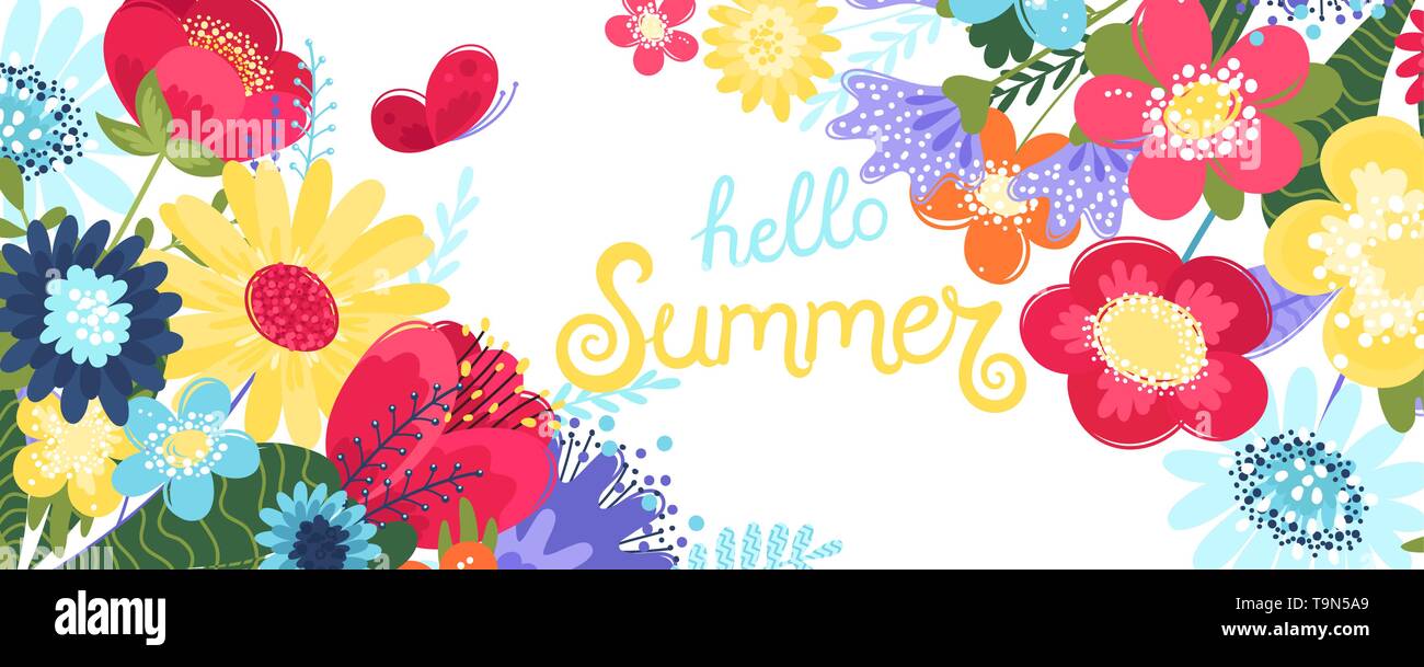 Hallo Sommer Hintergrund Vektor mit Blumen und einem Schmetterling. Vector Illustration mit Hand gezeichnet Text und Blumen im flachen Stil isoliert auf weiß zurück Stock Vektor