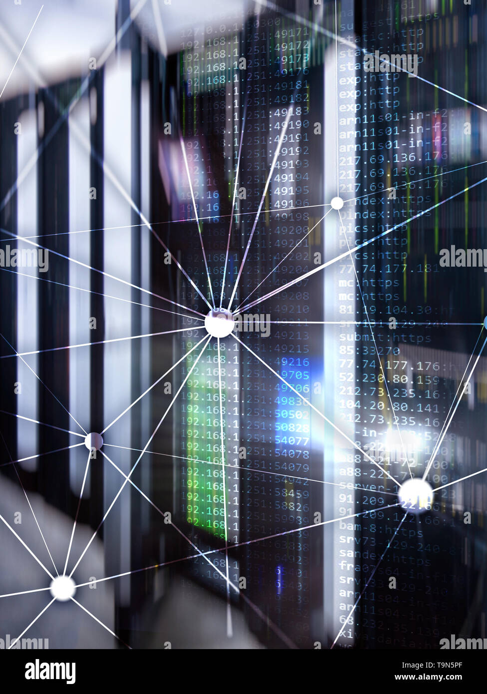 Weltkarte mit Kommunikation Netzwerk auf dem Server zimmer Hintergrund. Stockfoto