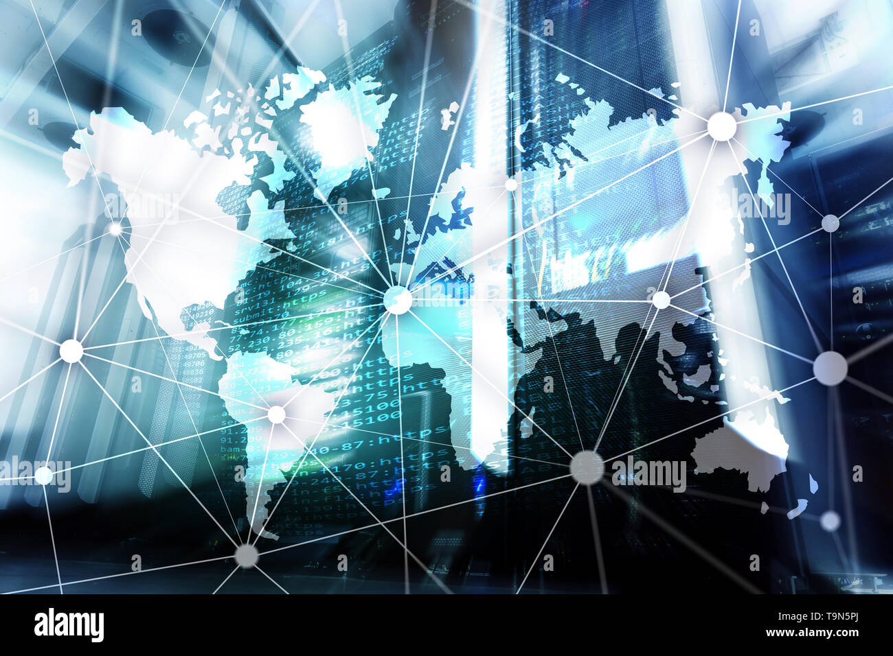 Weltkarte mit Kommunikation Netzwerk auf dem Server zimmer Hintergrund. Stockfoto