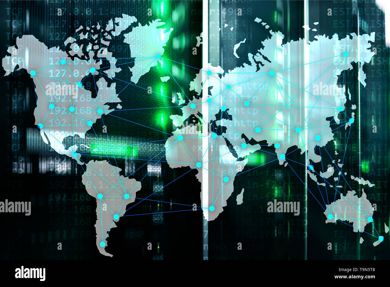 Internet und Telekommunikation Konzept mit Weltkarte auf serverraum Hintergrund. Stockfoto