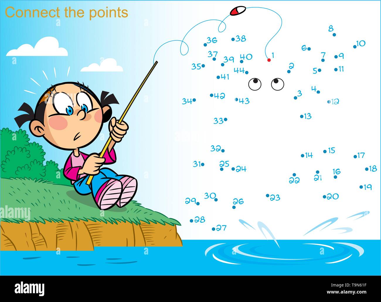 In Vector Illustration, ein Puzzle, in dem Sie die Punkte zu verbinden, um herauszufinden, wer das Mädchen Fischen gefangen Stock Vektor