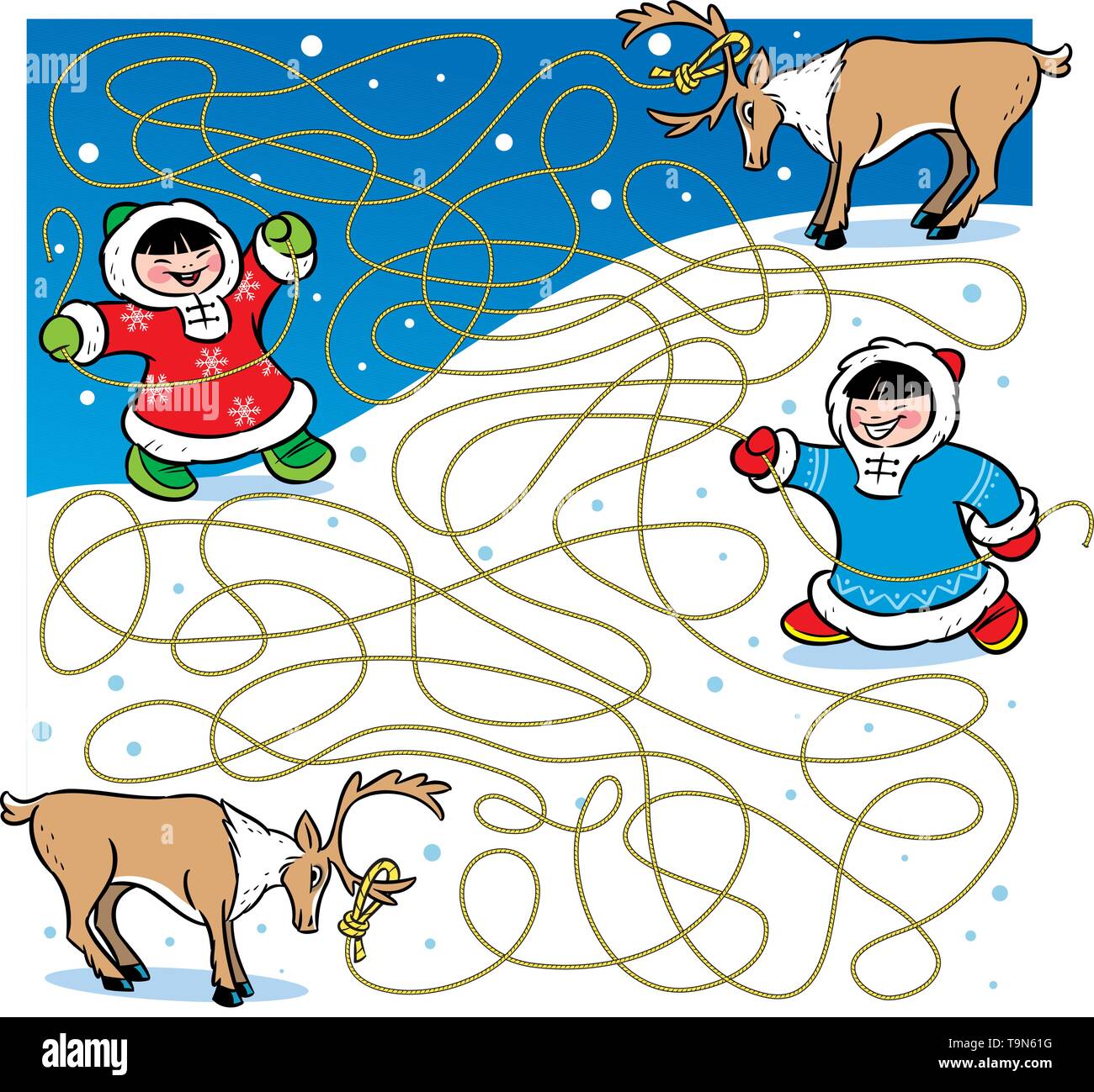 In Vector Illustration, ein Labyrinth Puzzle, in dem sie entscheiden muss, was der Hirsche ist ein Eskimo Kind führen. Stock Vektor
