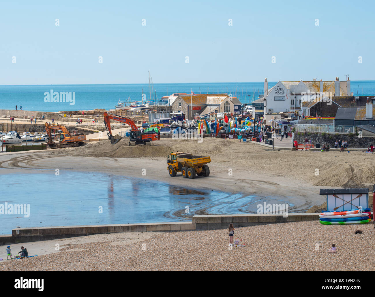 Lyme Regis, Dorset, Großbritannien. 20. Mai 2019. UK Wetter: ein schöner warmer und sonniger Tag in Lyme Regis. Schwere Werk Fahrzeuge Hit der beliebte Strand in Lyme Regis Sand über die Wintermonate vor dem Feiertag und die Herbstferien Urlaub verloren zu replinish. Der Sand ist am beliebten Strand vor der touristischen Saison unterwegs erhält jedes Jahr, so dass Besucher können weiterhin den schönen Strand genießen den ganzen Sommer Saison ersetzt. Credit: Celia McMahon/Alamy Leben Nachrichten. Stockfoto