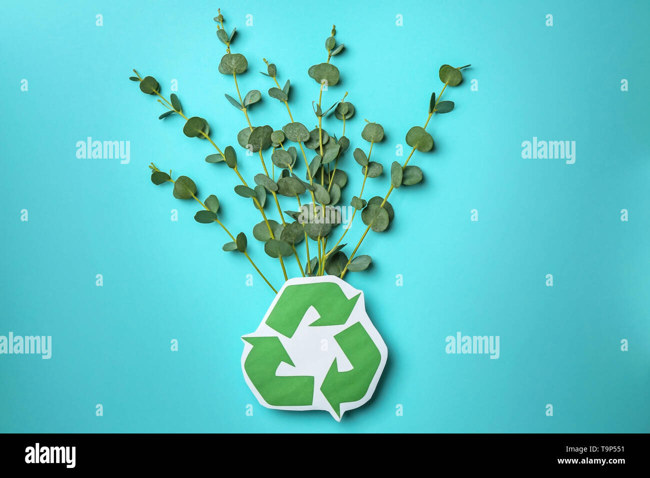 Recycling Symbol und grüne Zweige auf farbigen Hintergrund Stockfoto