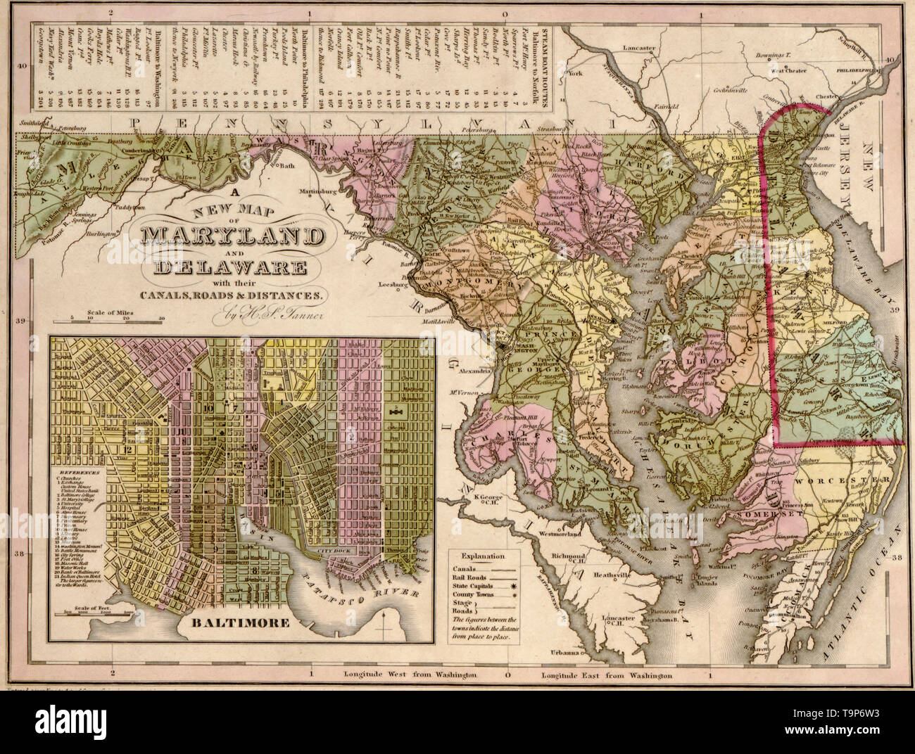 Karte von Delaware und Maryland, ca. 1844 Stockfoto