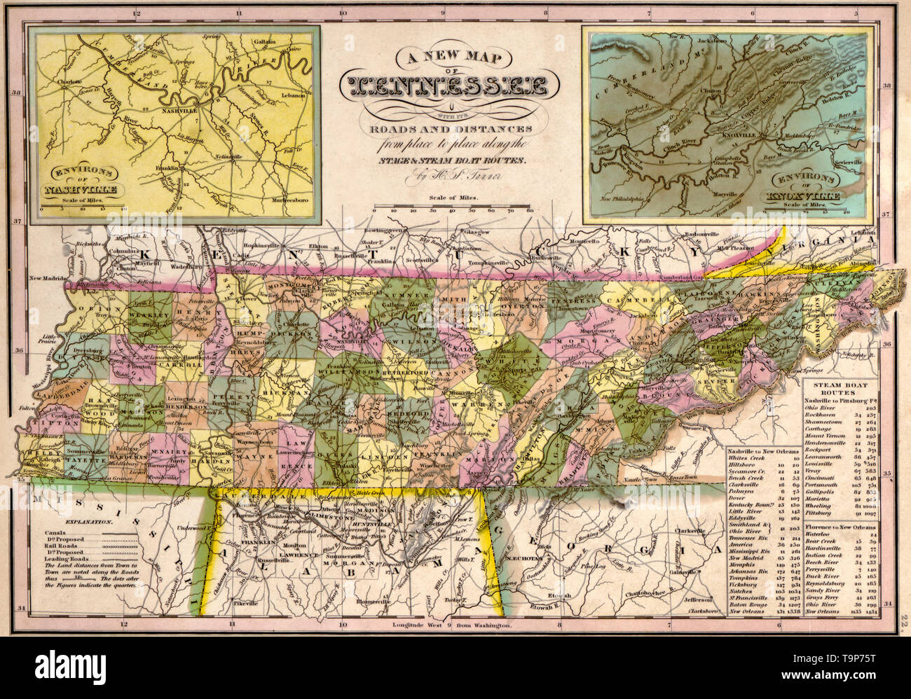 Karte von Tennessee, 1844 Stockfoto