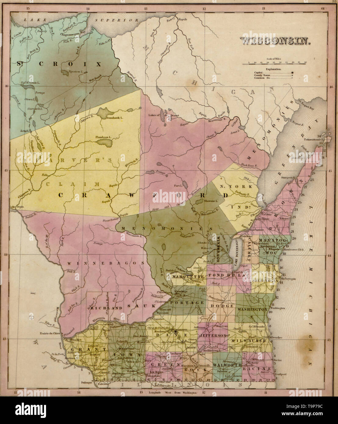 Karte von Wisconsin, 1844 Stockfoto